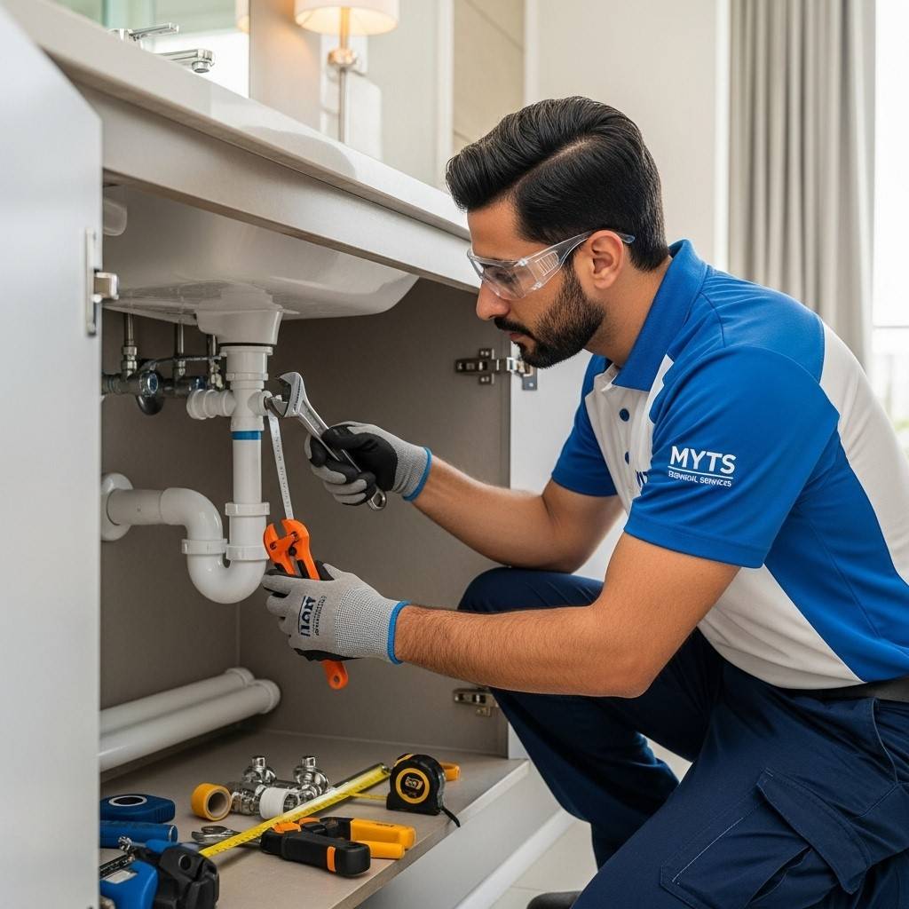 Professional plumber work services in Dubai by MYTS Technical Services, including leak repairs, pipe installation, bathroom & kitchen plumbing, and emergency plumbing.