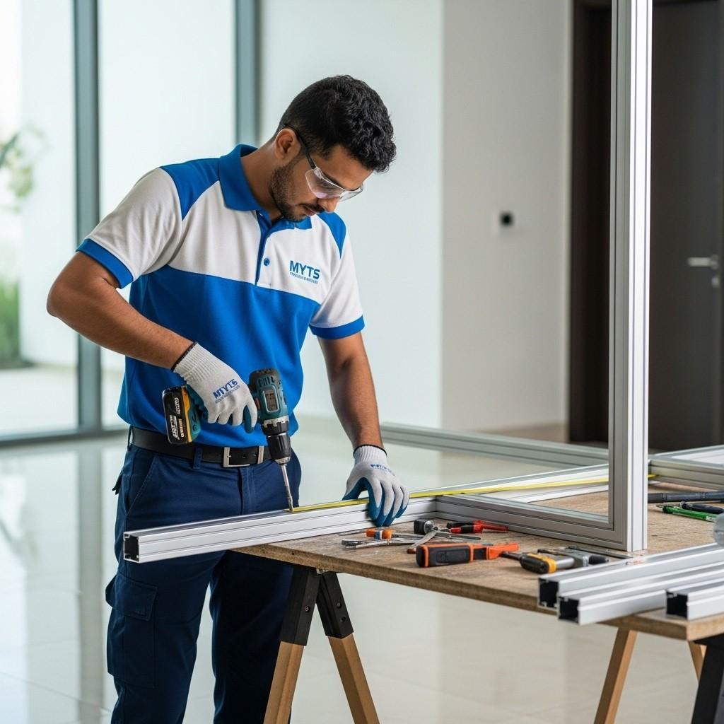 Professional aluminum fabrication services in Dubai by MYTS Technical Services, offering custom doors, windows, partitions, and structural aluminum solutions.