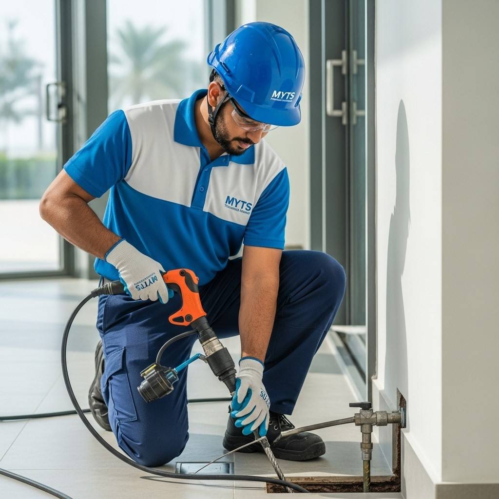 Professional blocked drain removal in Dubai by MYTS Technical Services, ensuring clear drains and smooth water flow.