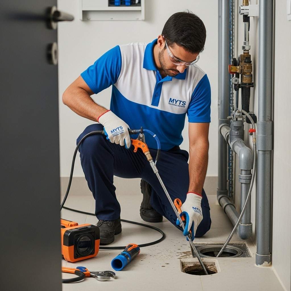Drain cleaning services in Dubai by MYTS Technical Services, clearing blocked drains efficiently.