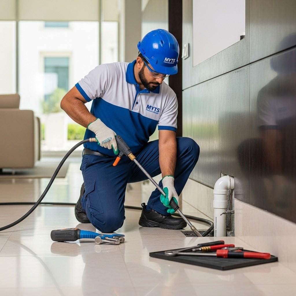 Home 19 Drainage cleaning work in Dubai by MYTS Technical Services including unclogging, maintenance, and repair services