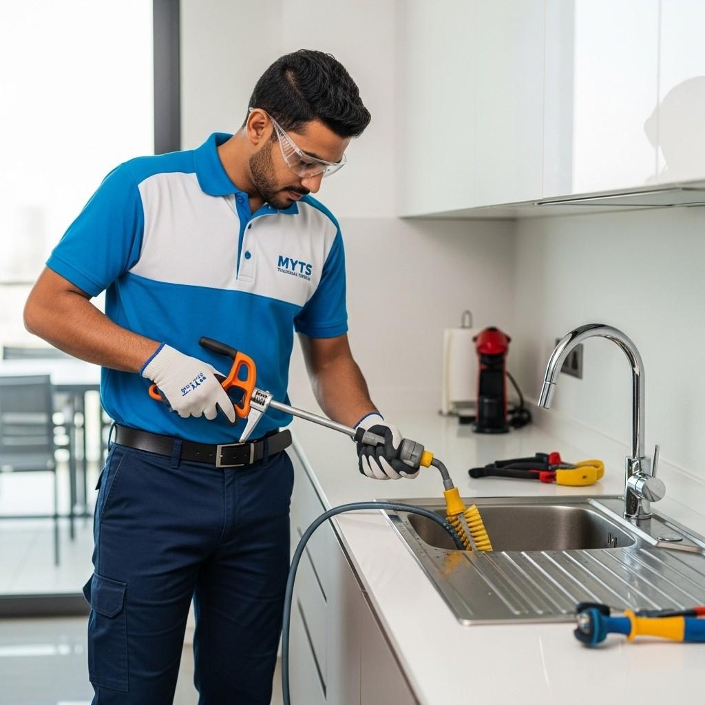 Professional kitchen drain cleaning in Dubai by MYTS Technical Services, clearing clogs and ensuring smooth water flow