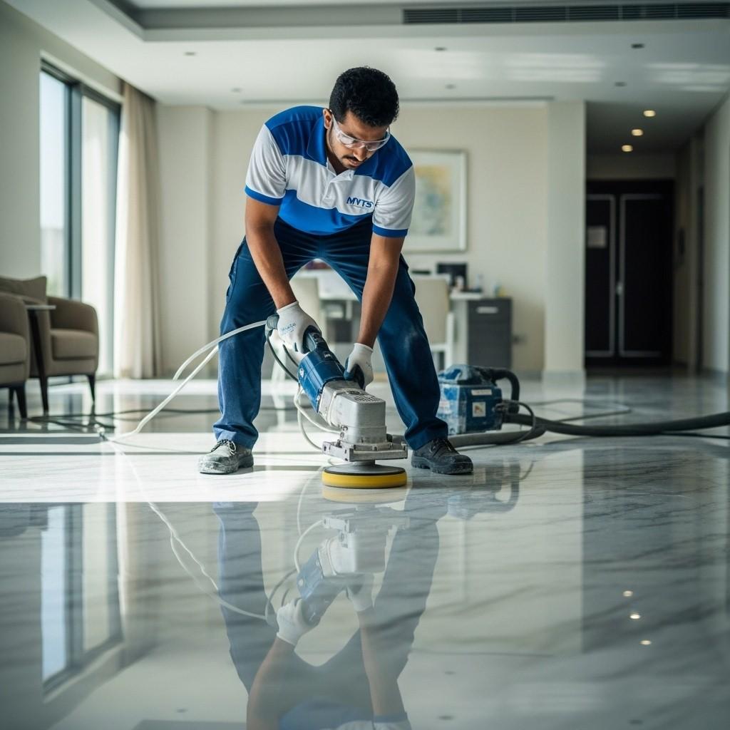 Professional marble floor polishing services in Dubai by MYTS Technical Services, restoring shine and elegance.