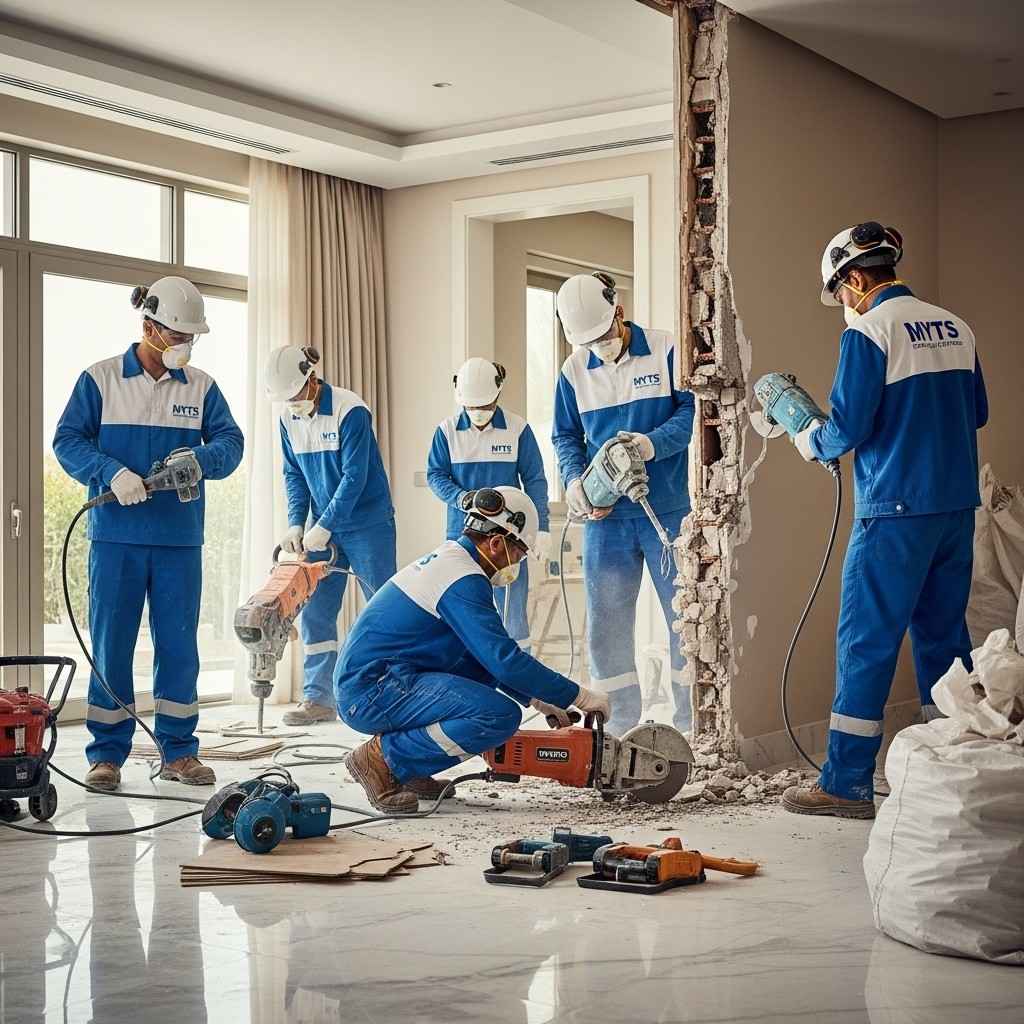 Professional residential demolition experts in Dubai safely handling wall and structure removal by MYTS Technical Services.