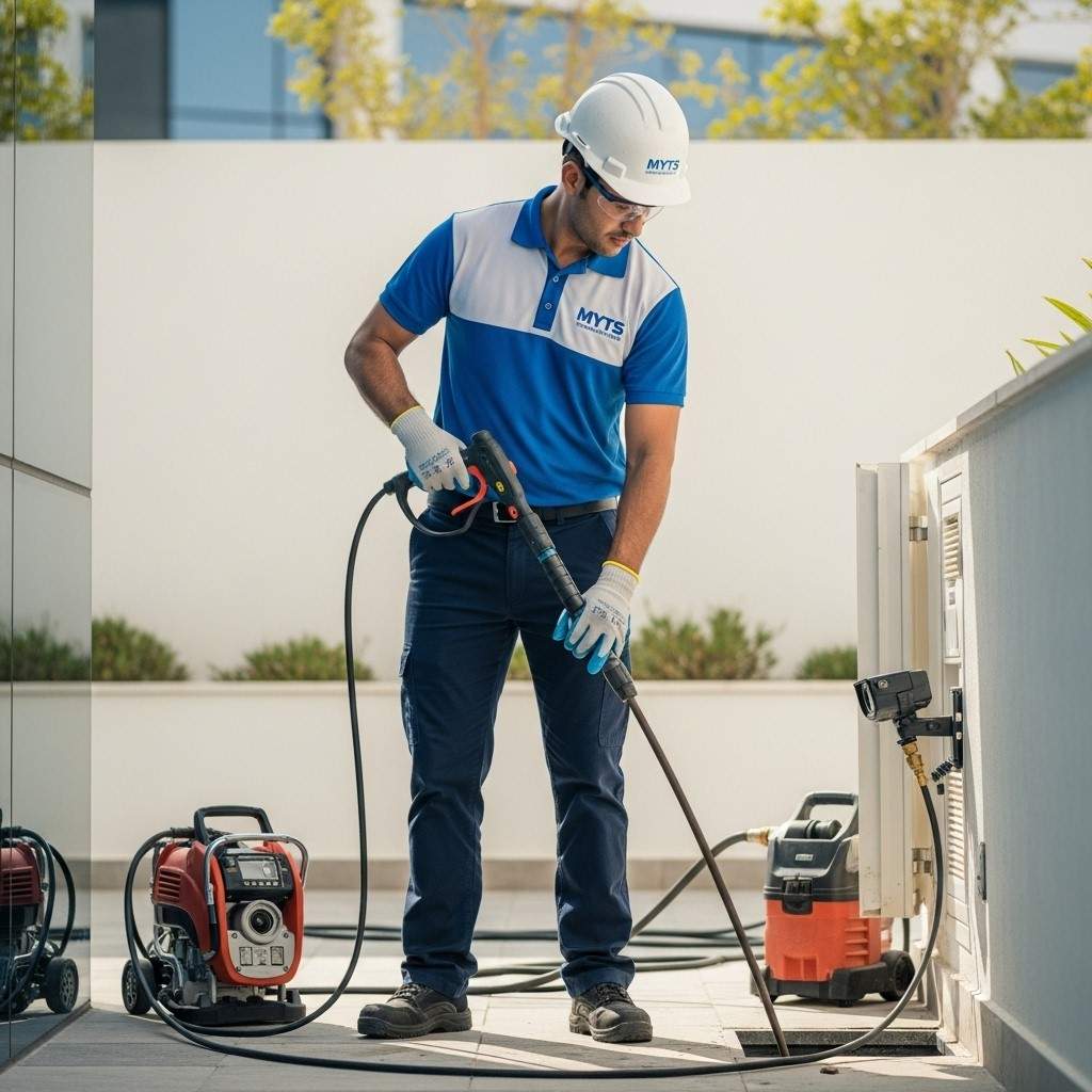 Technicians performing sewer line cleaning services in Dubai for residential and commercial properties