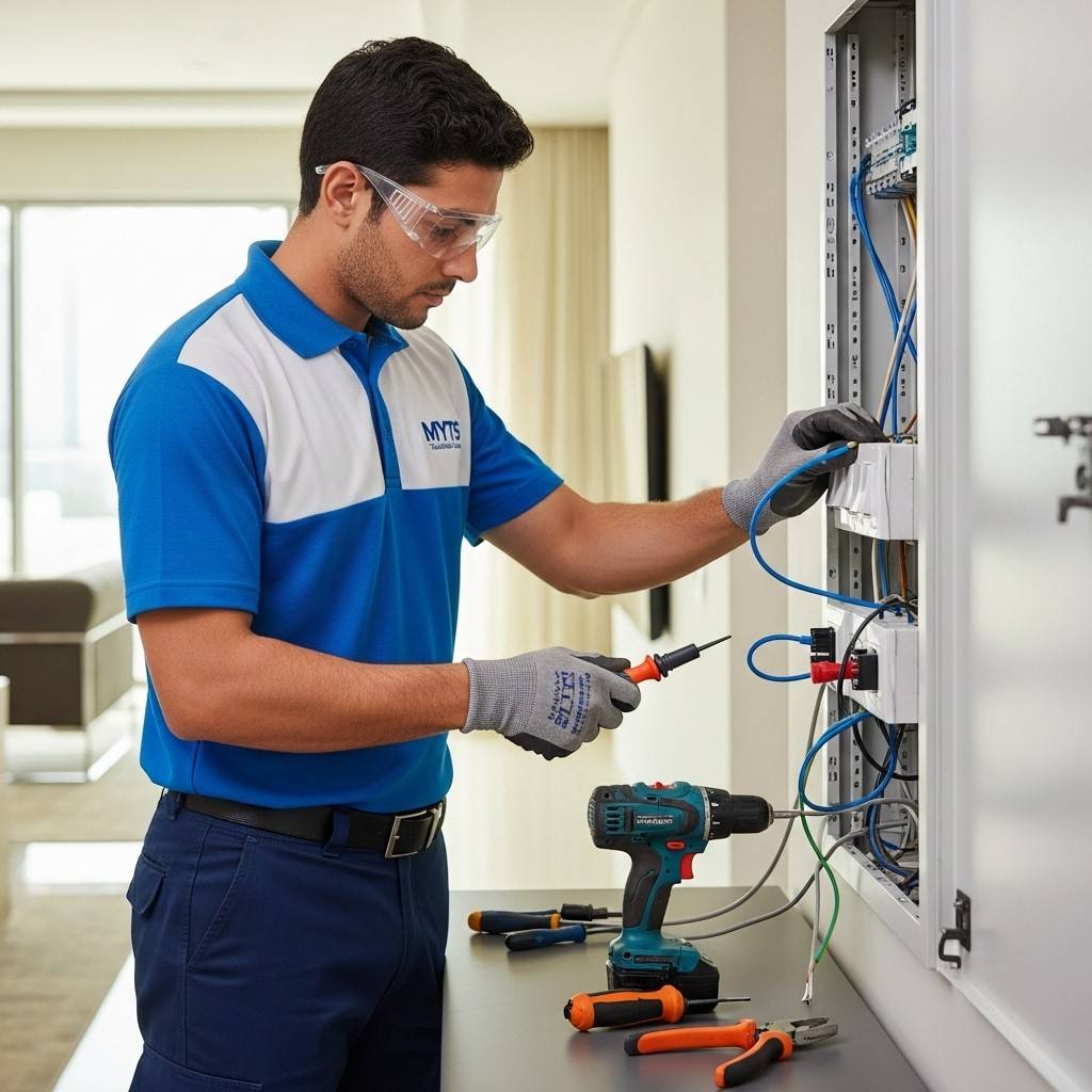 Professional electric work services in Dubai by MYTS Technical Services – certified electricians, wiring, lighting, and electrical repairs.