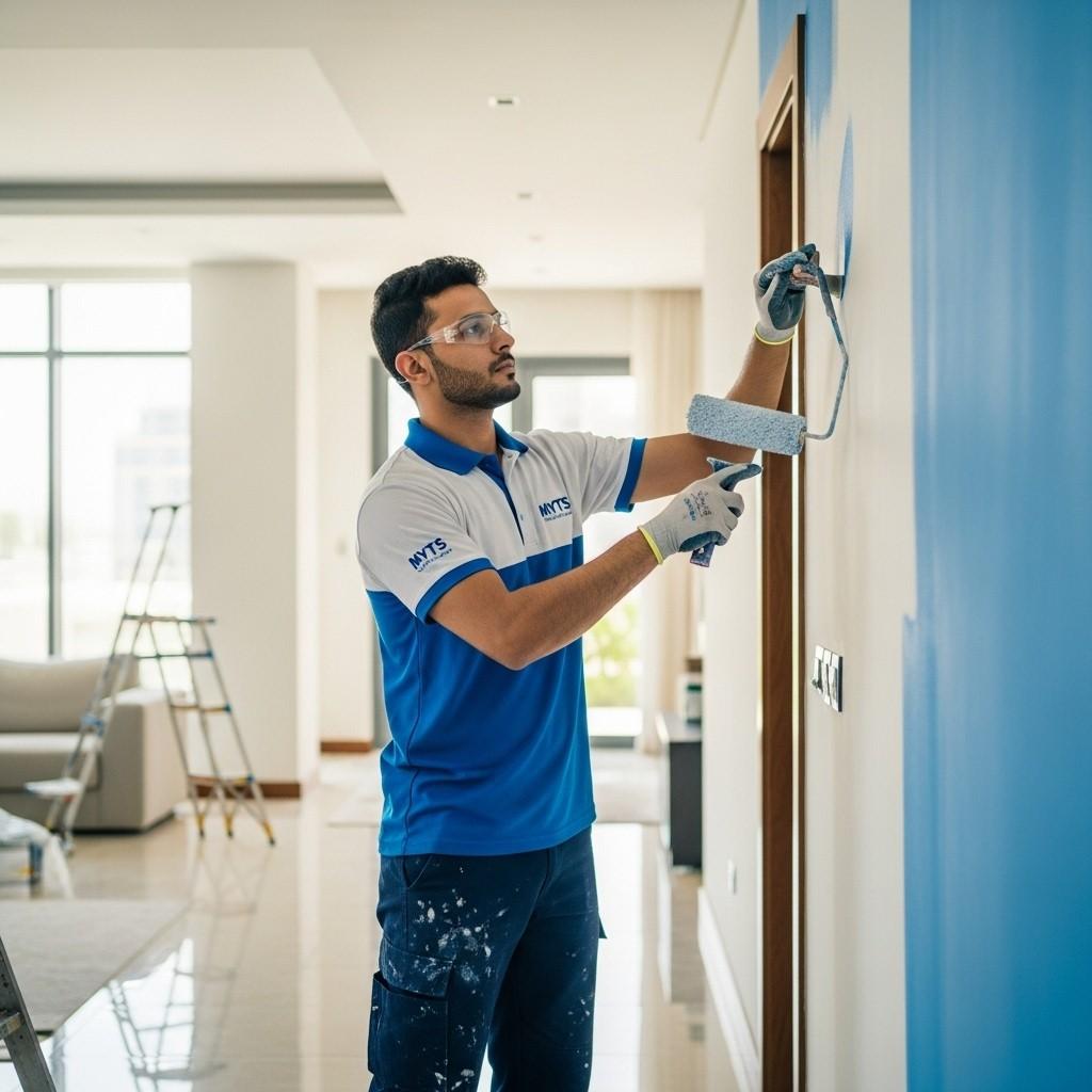 Professional painting work in Dubai by MYTS Technical Services – interior, exterior, villa and office painting, wall and ceiling painting services.