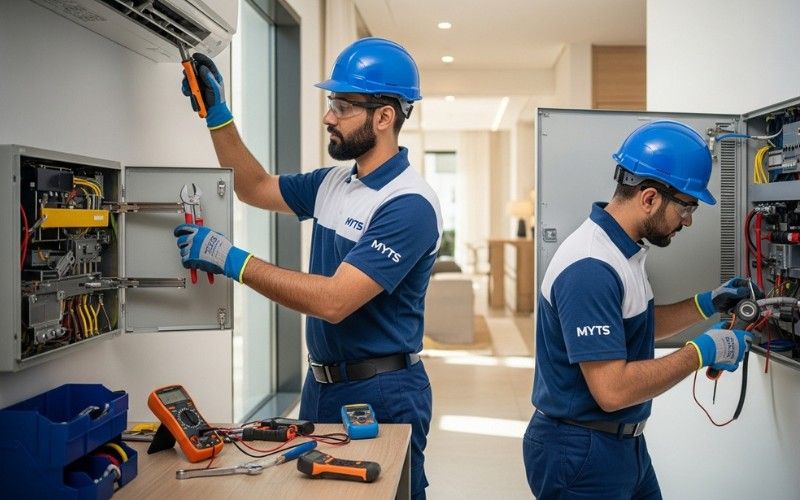 MYTS Technical Services technicians performing AC and electrical maintenance in Dubai
