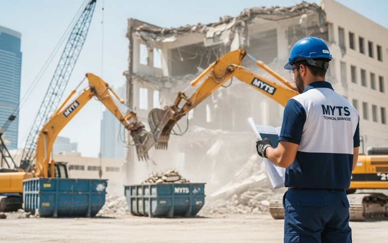 Demolition Company in Dubai, UAE, Safe, Licensed & Professional Services 1 Demolition contractors in Dubai removing a commercial building with heavy equipment