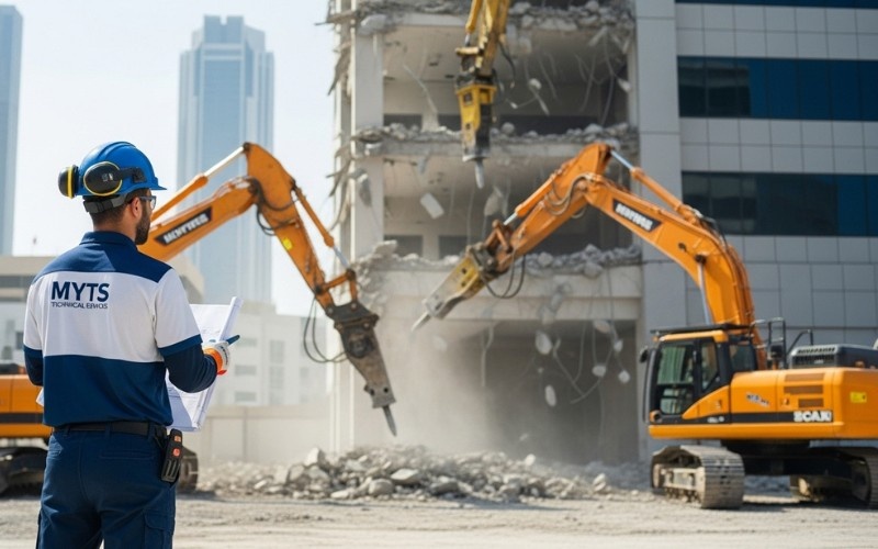 Commercial building demolition in Dubai with heavy machinery