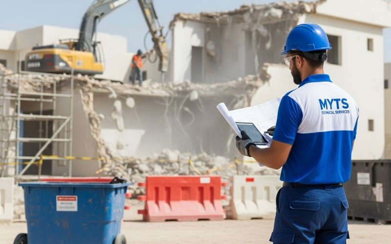 Controlled demolition in Dubai with safety barriers and dust management