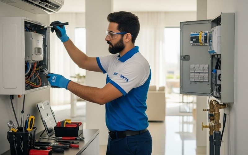 Electrician checking wiring and electrical panel in Dubai office