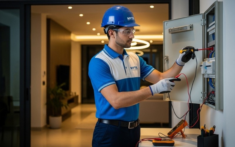 Certified emergency electrician in Dubai repairing electrical panel