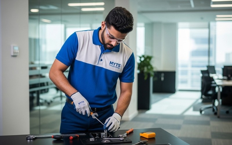Handyman performing general maintenance in Dubai office building