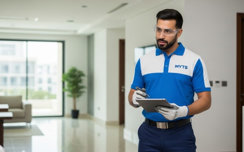 Skilled technicians repairing plumbing and electrical systems in a Dubai office