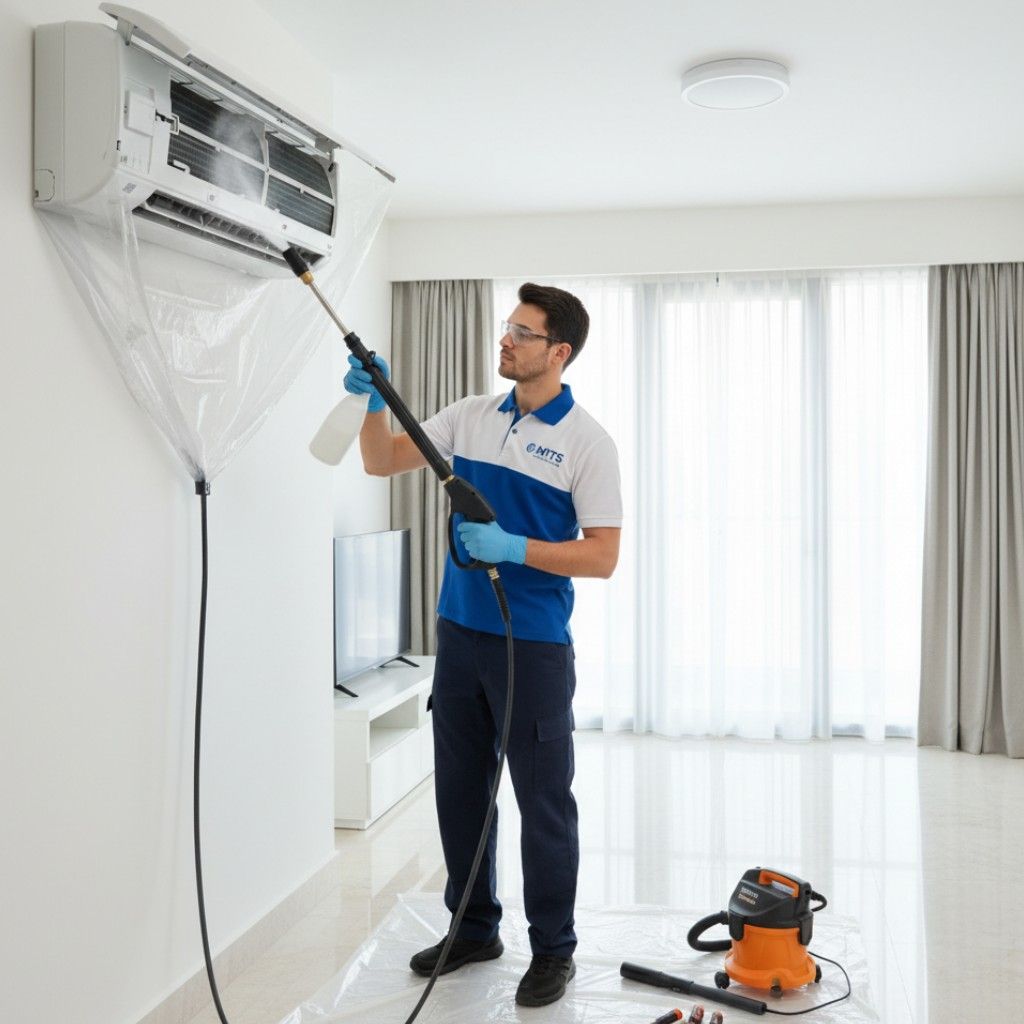 Technician cleaning a residential air conditioner in Dubai