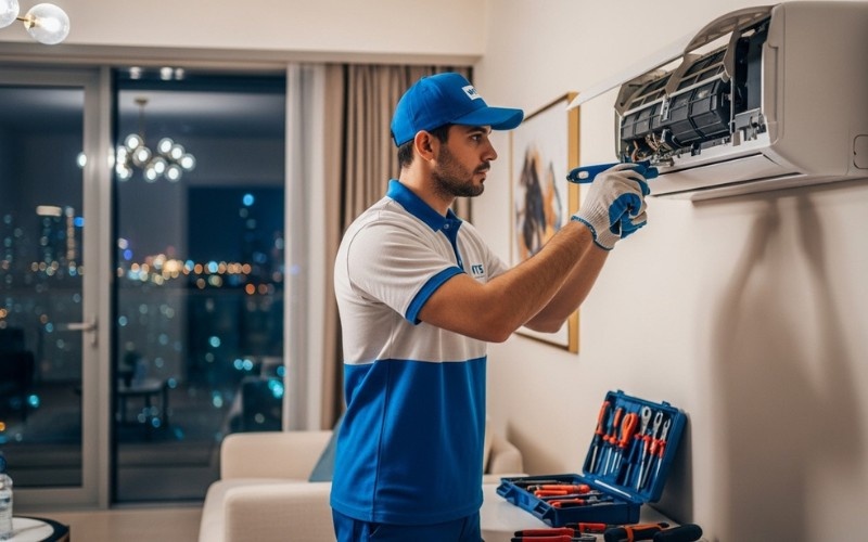 Home 32 AC maintenance Dubai 24/7 technician servicing air conditioning unit