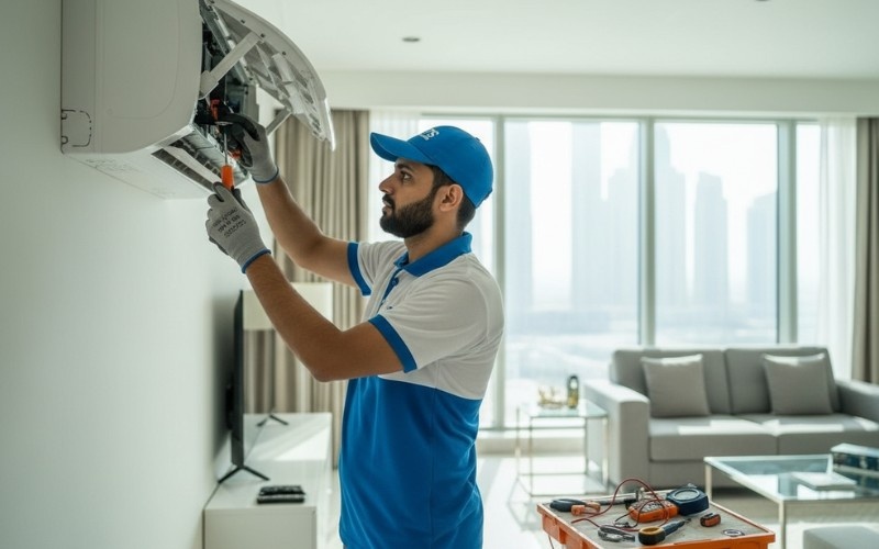 AC repair Dubai near me service technician fixing air conditioner