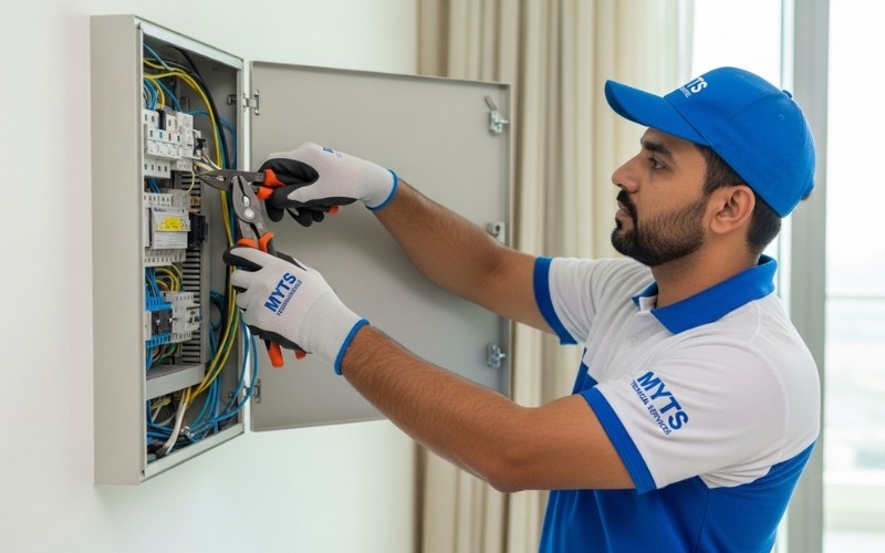 Professional Electrician in Dubai, UAE Licensed & Reliable Services 1 certified electrician in Dubai repairing electrical panel safely