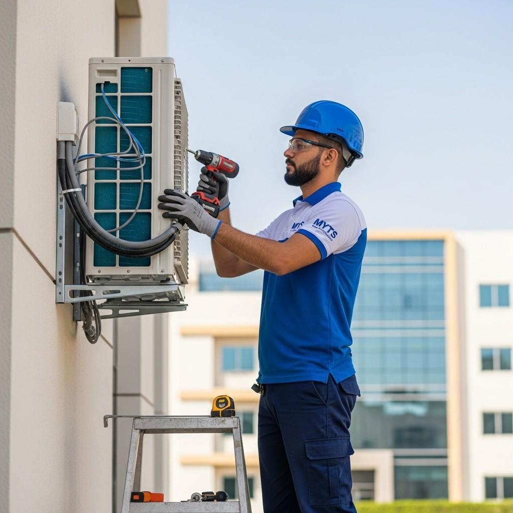 Technicians installing a commercial AC unit in Dubai office