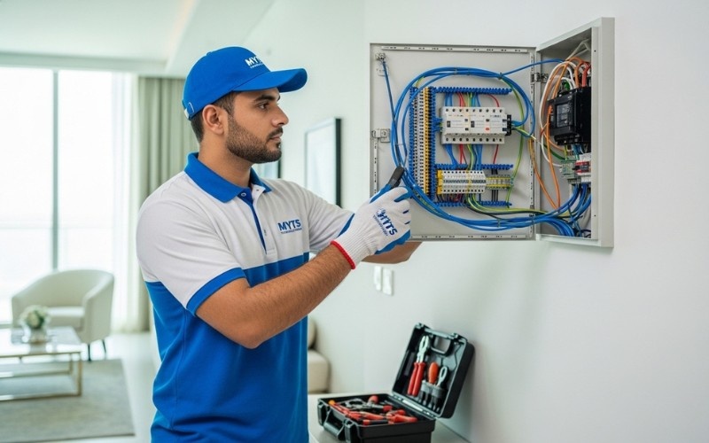 Home 30 maintenance electrician in Dubai repairing electrical panel