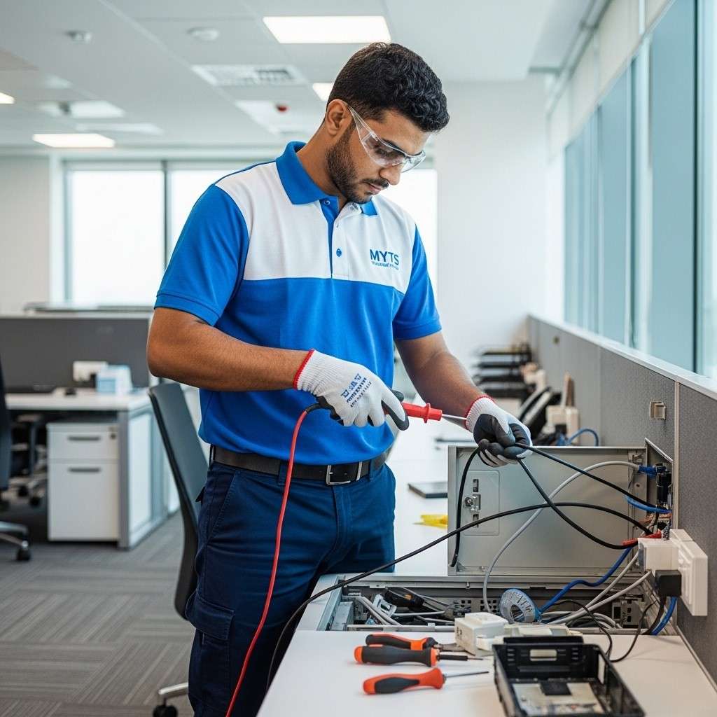 Professional office electrical services team installing wiring and lighting in Dubai office