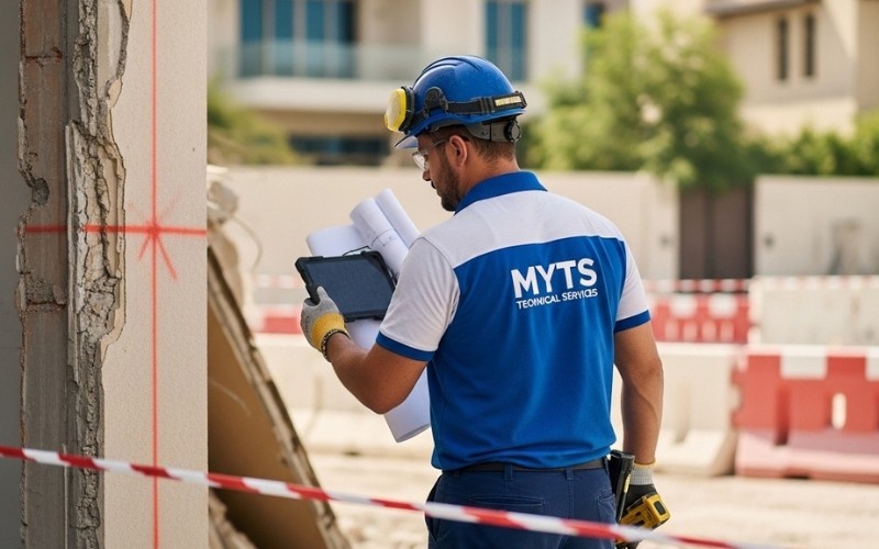 Workers performing residential demolition in Dubai villa with safety equipment