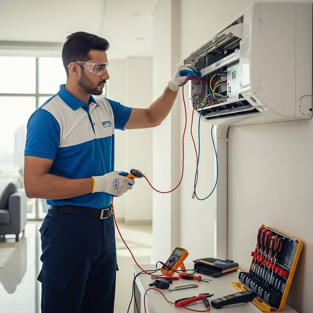 Technician repairing a split AC unit in Dubai