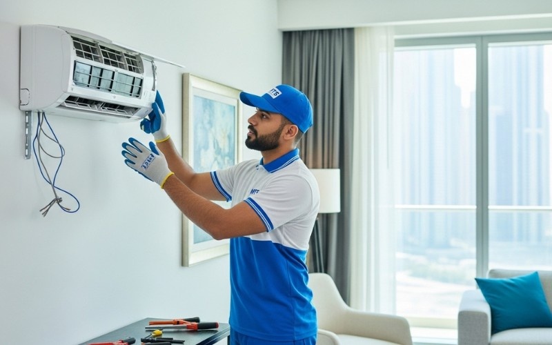 best AC installation Dubai service technician installing air conditioner