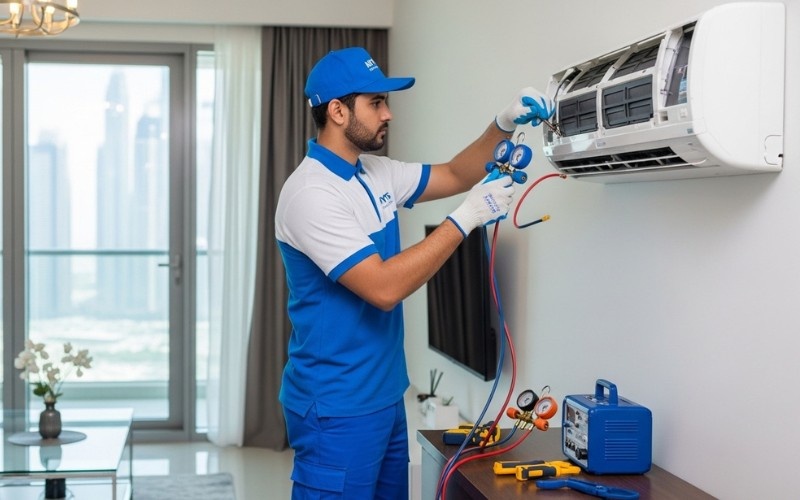 professional AC technician installing air conditioner in Dubai