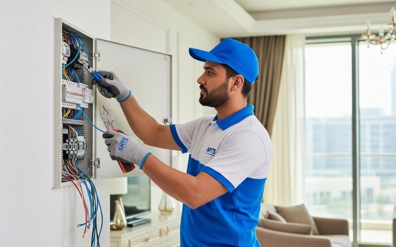 professional residential electrician performing safe home electrical work in Dubai apartment