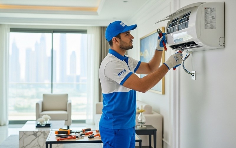 residential AC installation Dubai technician installing air conditioner