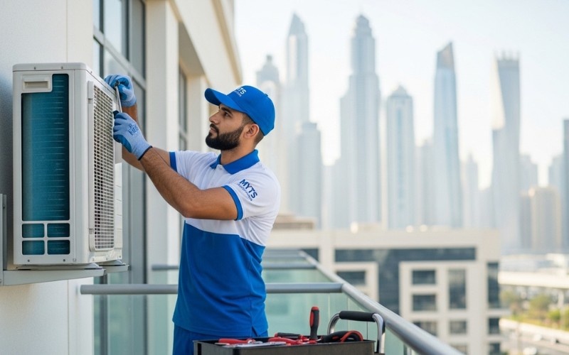 Split AC Installation Dubai Cost, Process, and Expert Services 1 split AC outdoor unit installation by professional technician in Dubai