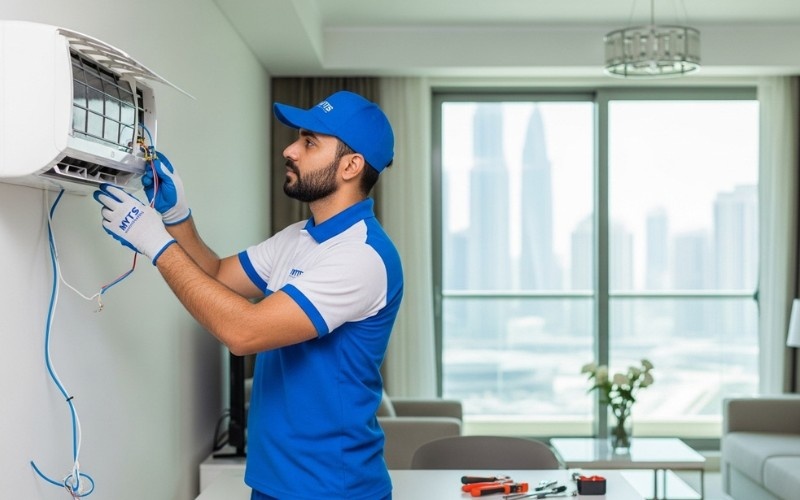technician installing split AC indoor unit in Dubai home