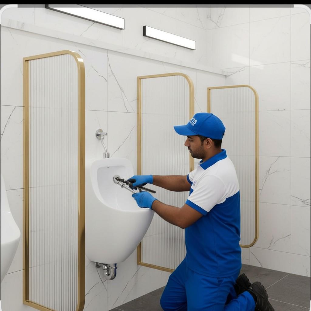 Urinal plumbing installation in Dubai by professional plumbers with proper water connection and drainage system.