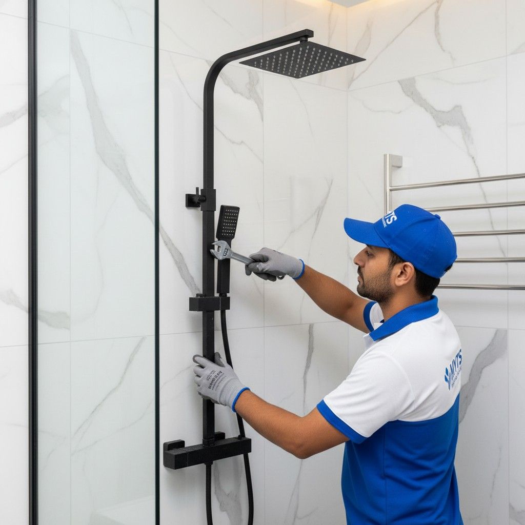 Wall shower installation service in Dubai by professional plumber fixing wall-mounted shower in modern bathroom