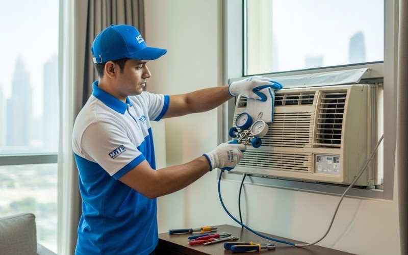 window AC cleaning and gas refill service in Dubai