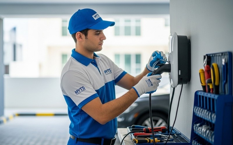 certified technicians installing EV charger in Dubai apartment
