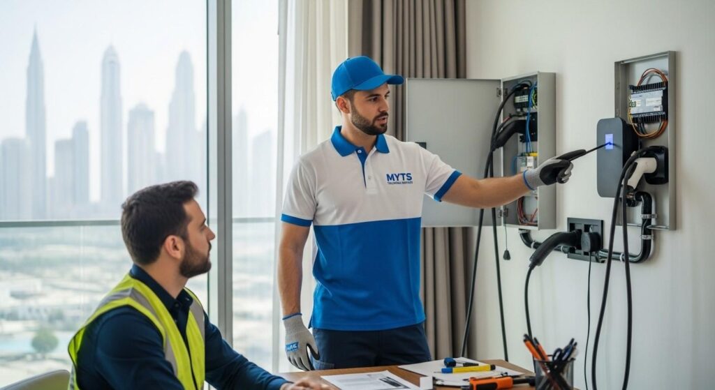 modern EV charger setup in Dubai apartment parking area