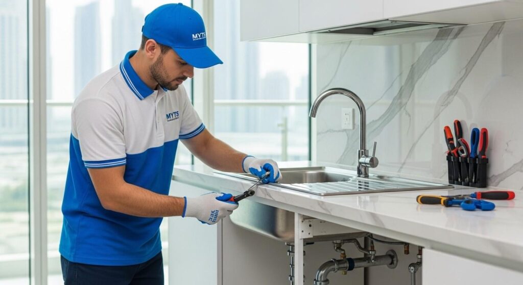plumber installing kitchen sink in Dubai apartment