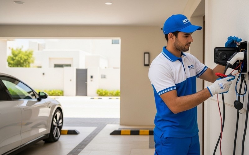 certified technicians performing EV charger installation in Dubai