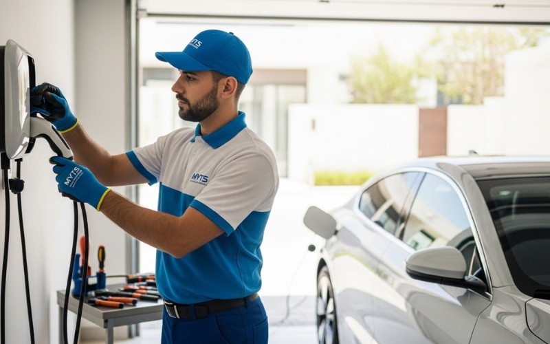Certified technicians installing home EV charger in Dubai