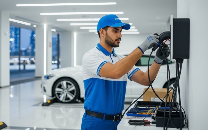 expert electricians installing EV charger in office Dubai