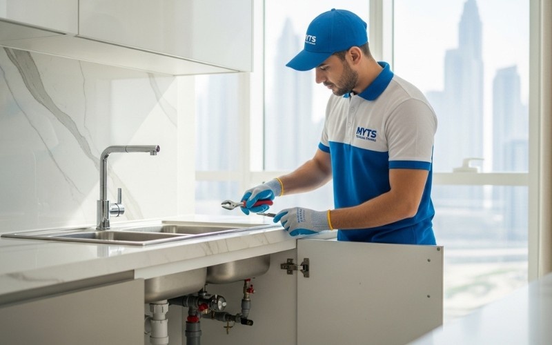 professional plumber repairing leaking pipe in Dubai home