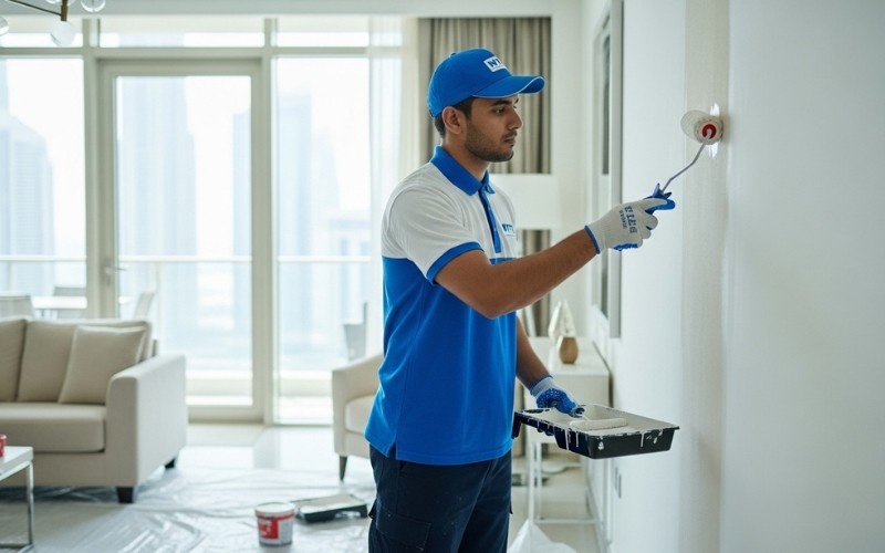 professional wall painting technician in Dubai applying fresh paint in modern apartment