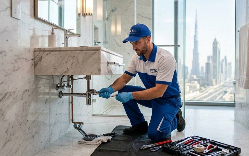 Professional emergency plumber repairing leaking pipes in Dubai apartment