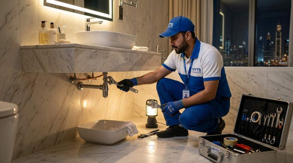 Professional plumber working on sink repair in Dubai