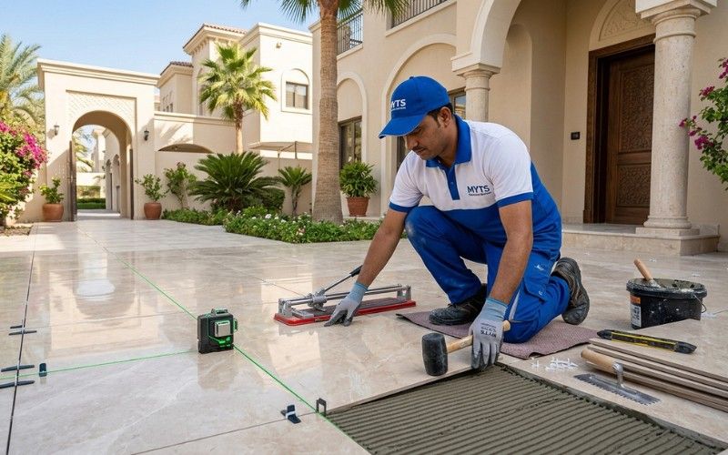 Professional workers installing affordable floor tiles in a Dubai villa