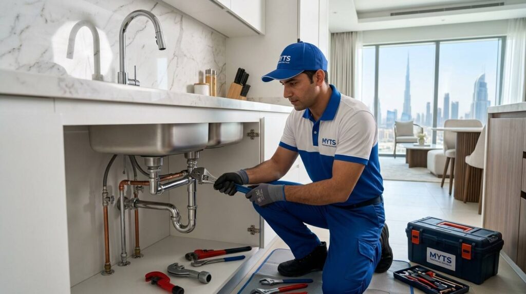 Professional plumber installing bathroom fittings and shower system in Dubai