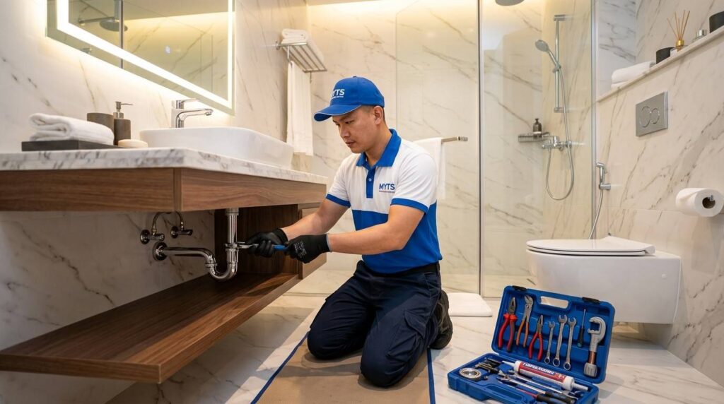 Bathroom plumbing installation work by skilled plumber in Dubai